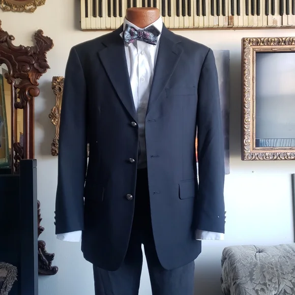 Black 3 button jacket metal buttons Italian cut Wool Enrico Gelini 38R - Picture 2 of 6